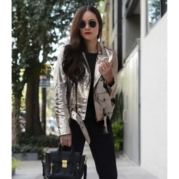 ZARA Genuine Leather Jacket Silver Metallic Belted Moto Biker Jacket - Picture 3 of 16